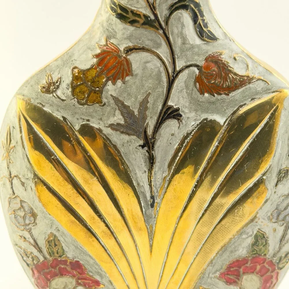 Vintage Enamel Floral Brass Vase Art Nouveau Style Gold 9”